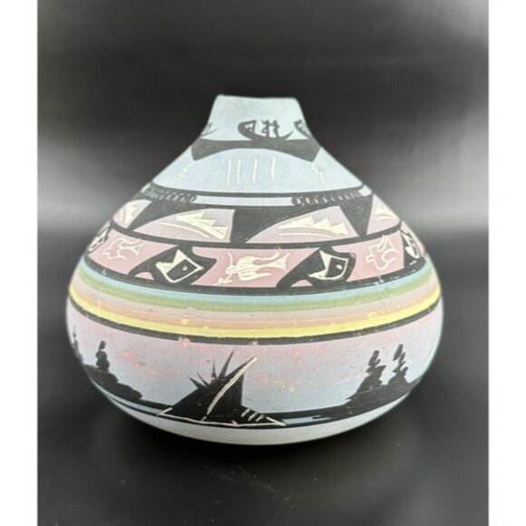 Navajo Seed Pot Vase Hand Painted Etched by Ronda Thomas Noah's Ark Story 5 x 6" - Picture 3 of 7